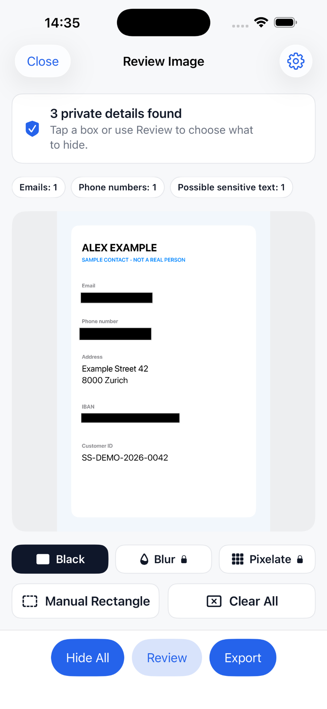 ScreenSafe review image screen with suggested redactions and manual controls