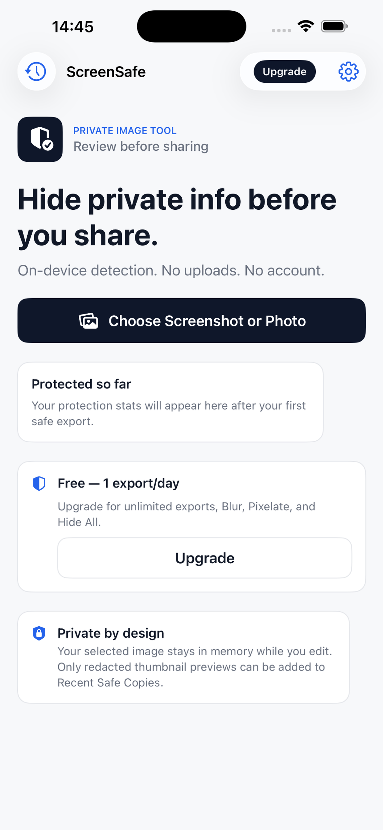 ScreenSafe home screen with image picker, free plan, and private-by-design information