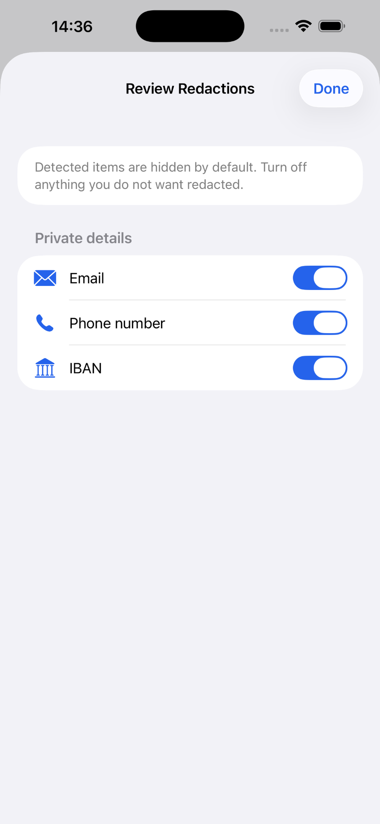 ScreenSafe Review Redactions screen with detected items enabled by default