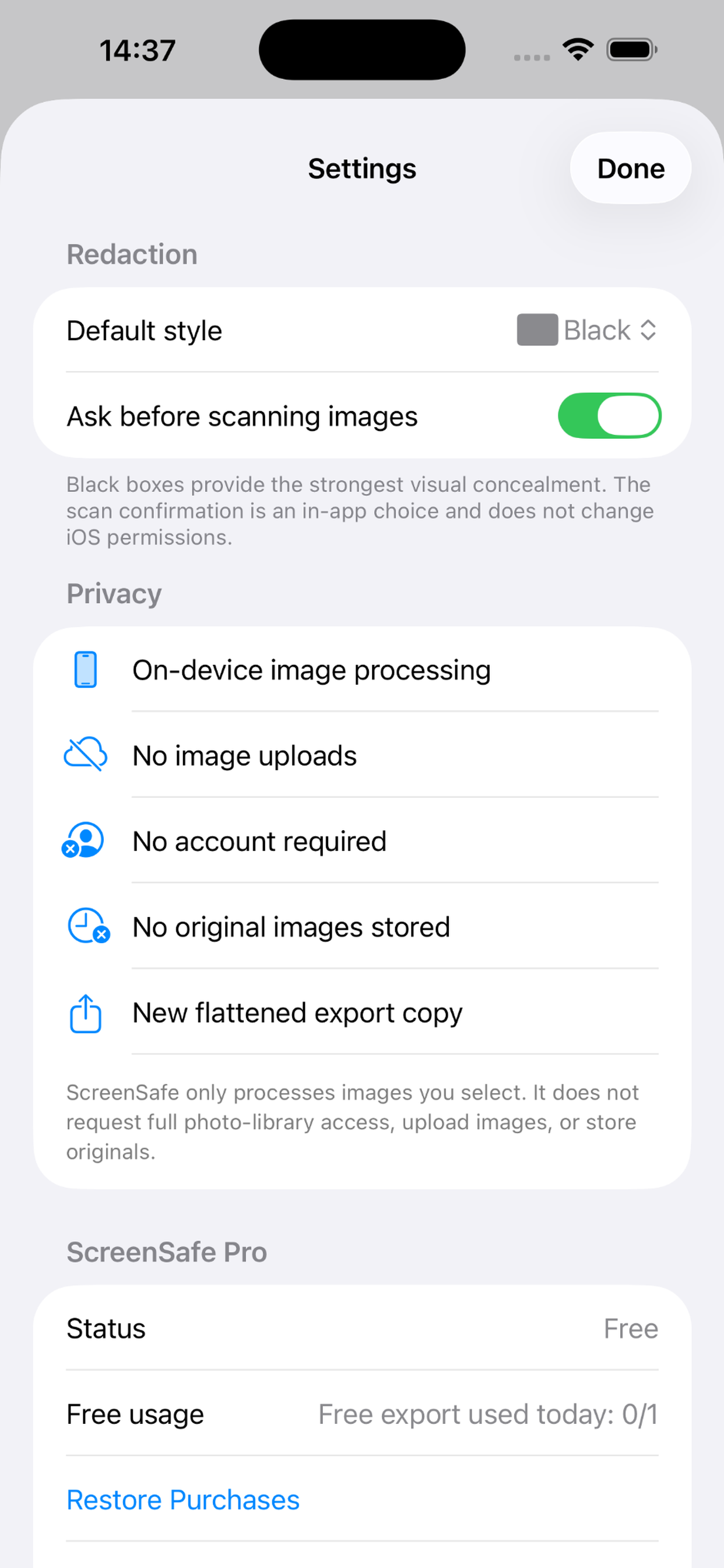 ScreenSafe settings showing on-device processing, no image uploads, no account, and free status